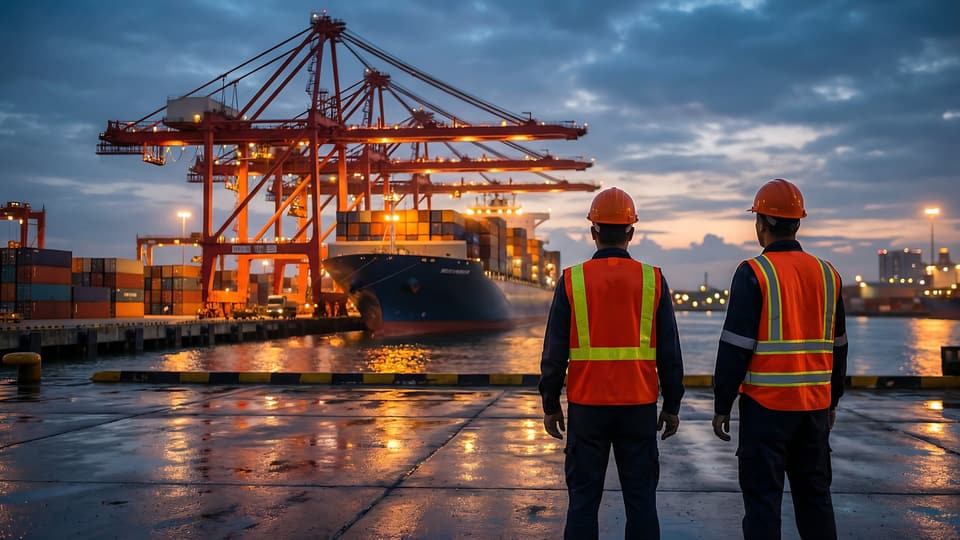 Container port operations at dusk